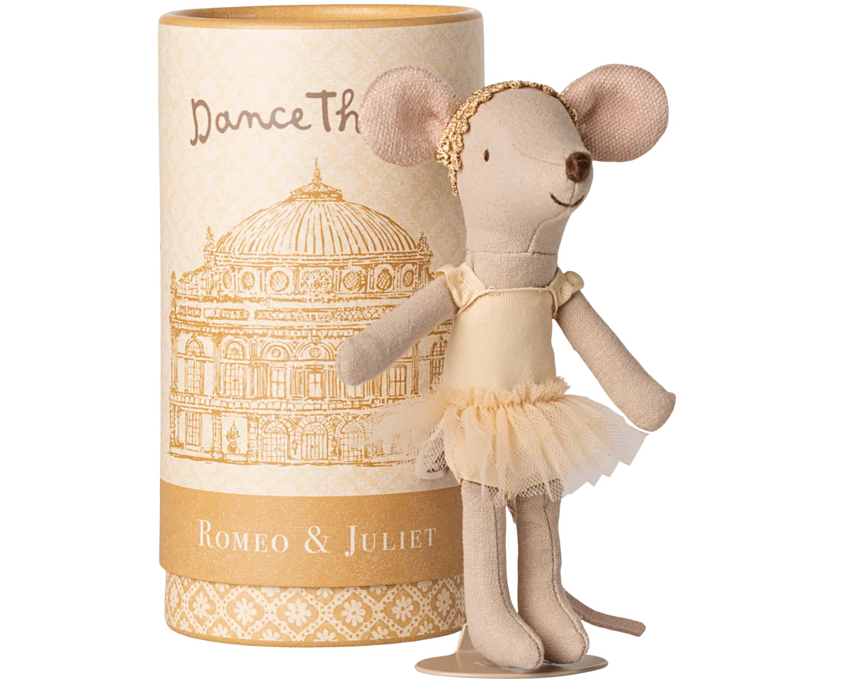 Stuffed mouse doll in a tutu dress next to a cylindrical box with decorative design and text.  Maileg UK