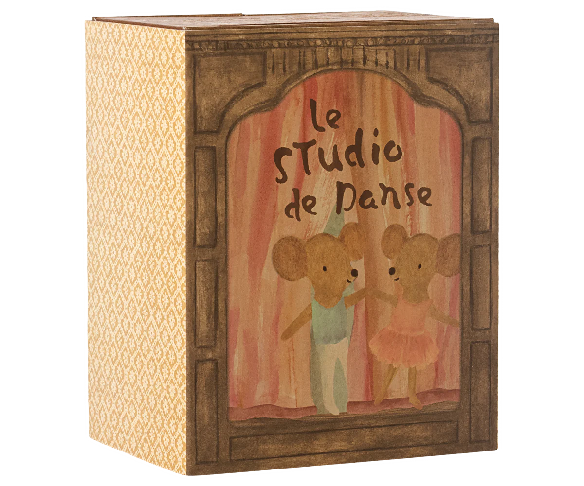 Decorative box with illustration of two mice in ballet costumes and text 'Le Studio de Danse' on a white background. | Maileg UK
