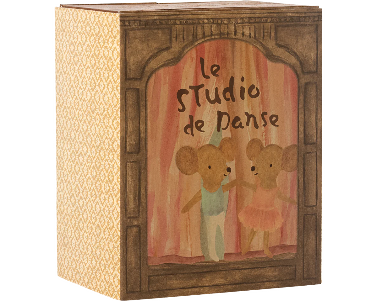 Decorative box with illustration of two mice in ballet costumes and text 'Le Studio de Danse' on a white background. | Maileg UK
