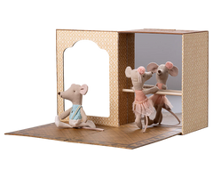 Toy mouse figures in a display case with a white background | Maileg UK