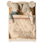Two plush mouse toys in a wooden box with a quilted blanket | Maileg UK