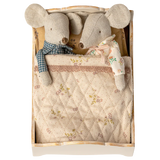 Two plush mouse toys in a wooden box with a quilted blanket | Maileg UK