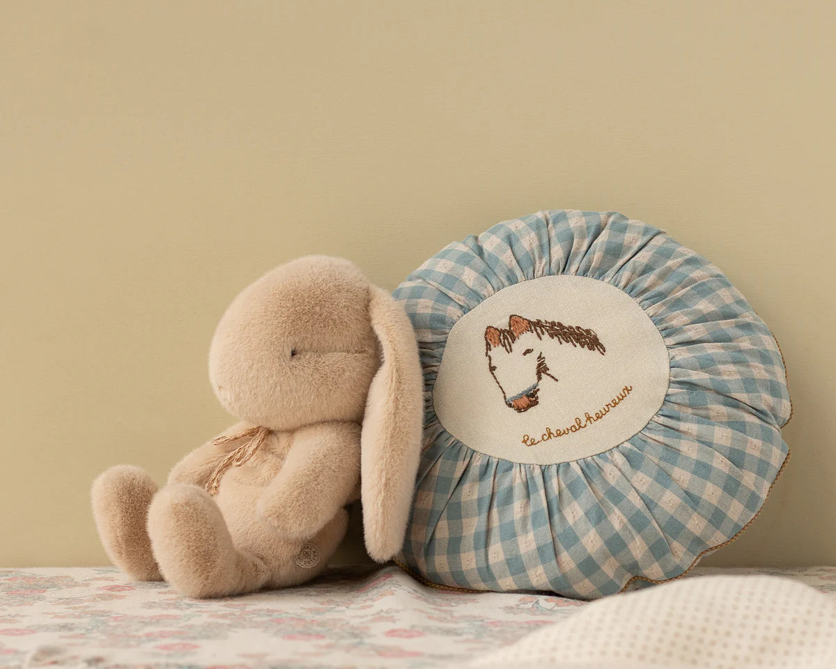 Plush toy and checkered pillow with embroidered design on a neutral background | Maileg UK