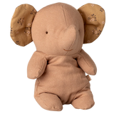 Brown plush elephant toy with embroidered ears on a white background | Maileg UK