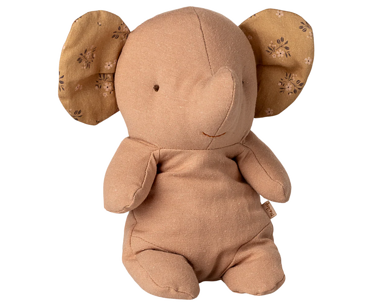 Brown plush elephant toy with embroidered ears on a white background | Maileg UK