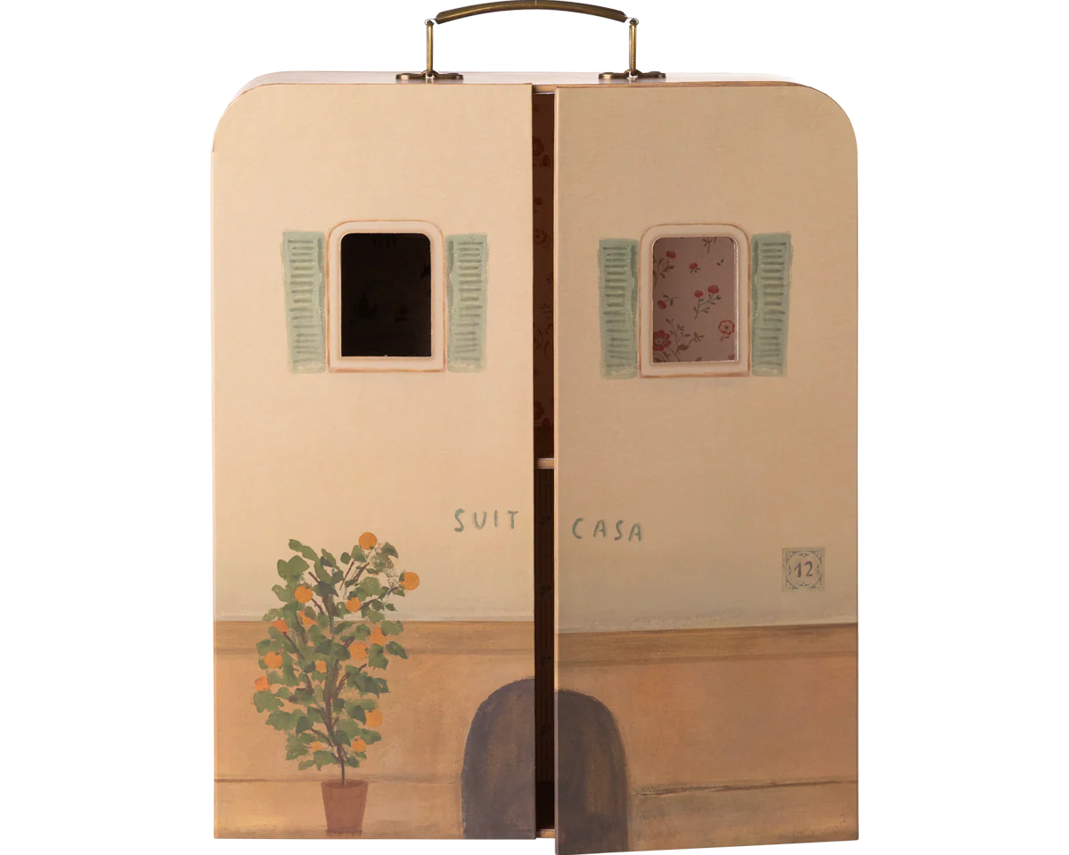 Suitcase with artistic design of a house, plant, and shutters on a white background | Maileg UK