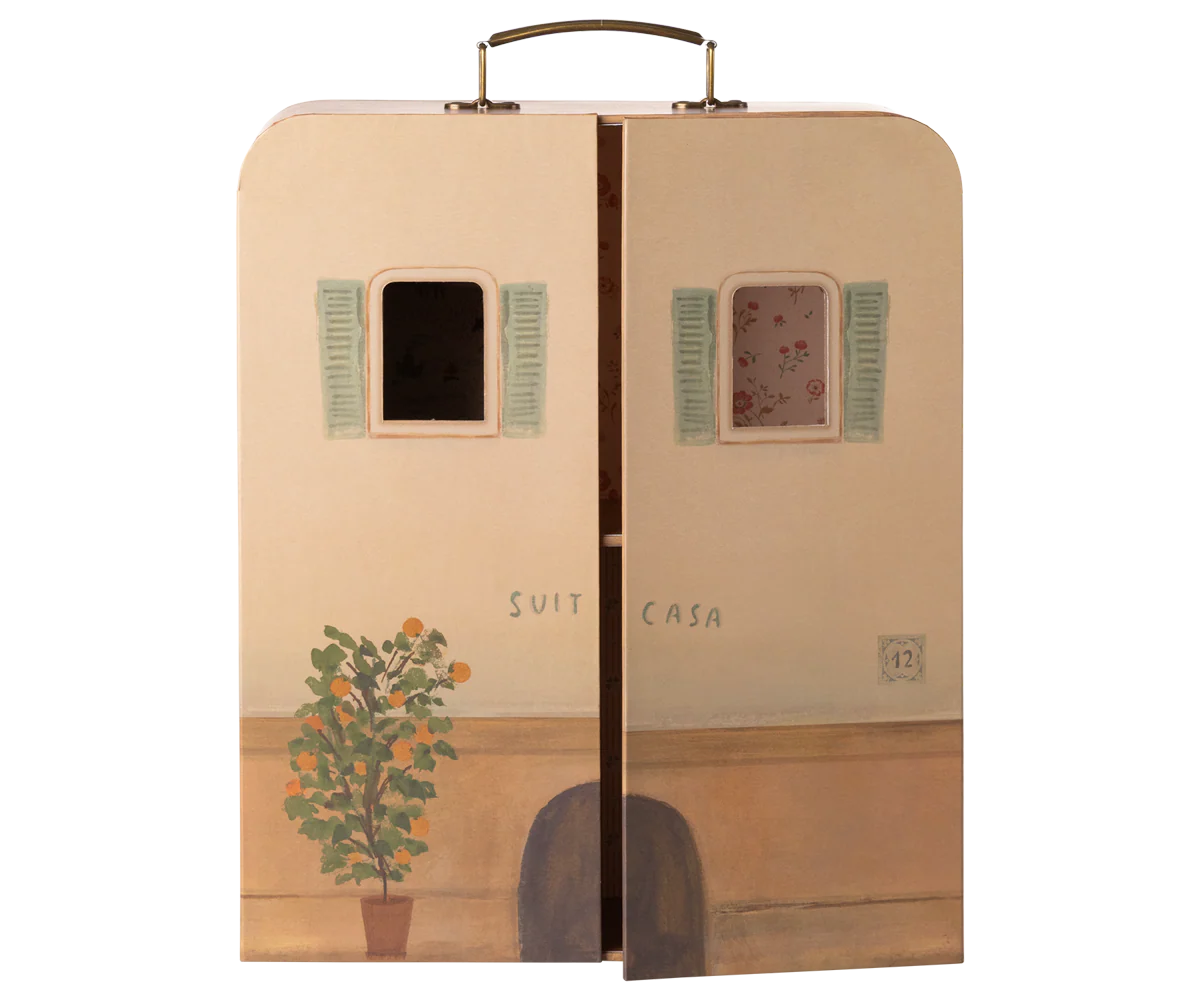 Suitcase with artistic design of a house, plant, and shutters on a white background | Maileg UK