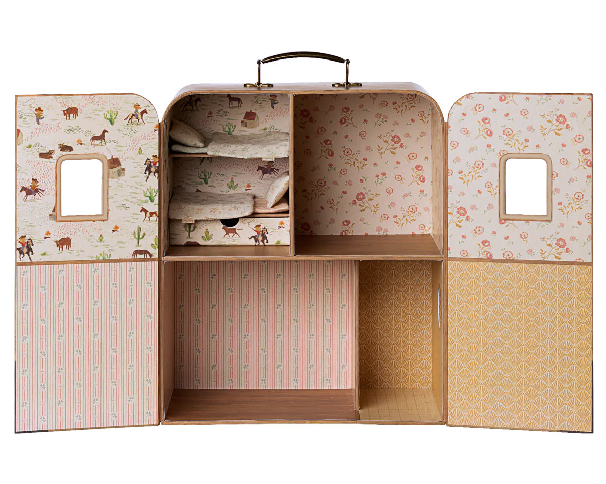 Open toy suitcase with patterned interior and exterior on a white background | Maileg UK