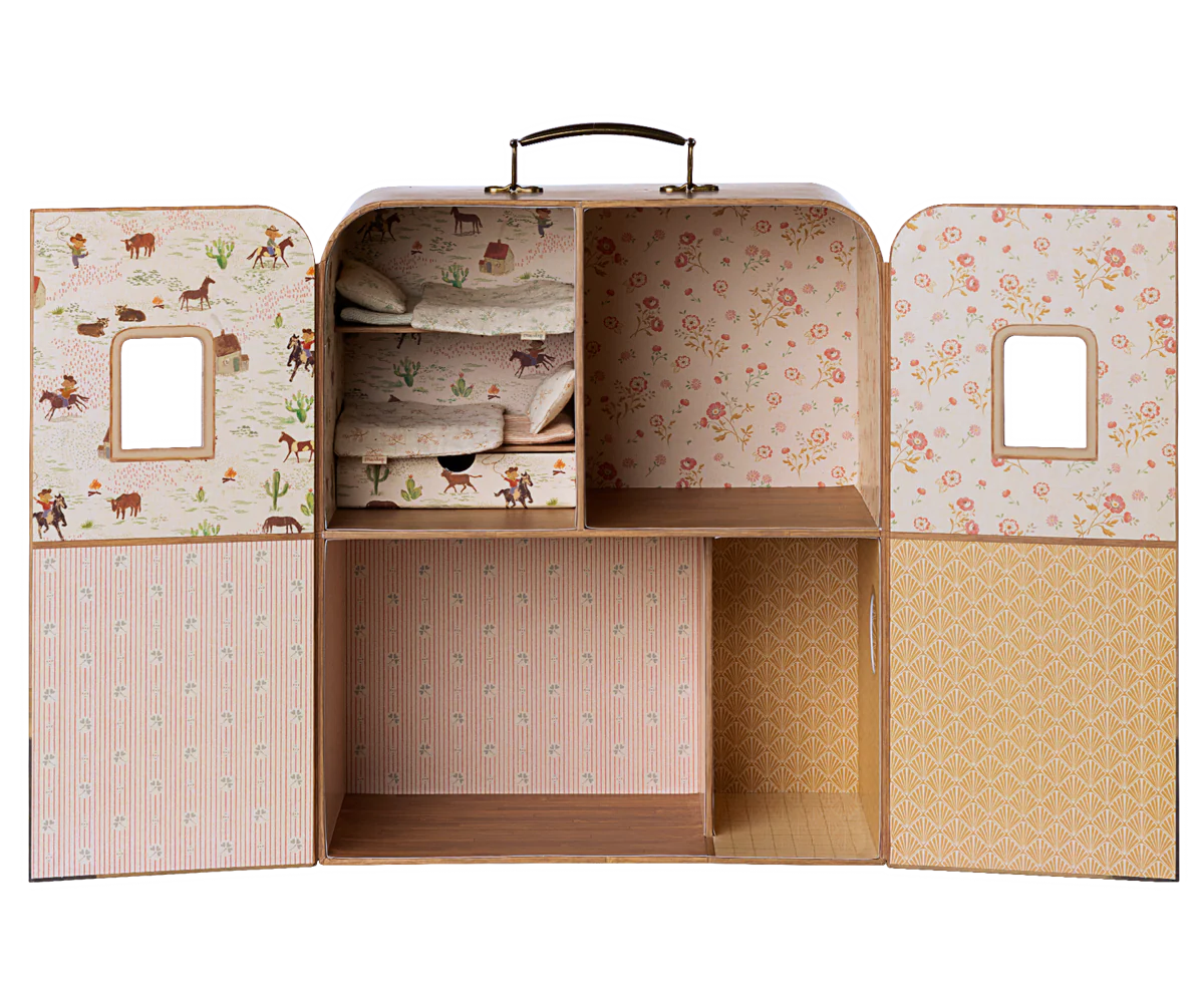 Open toy suitcase with patterned interior and exterior on a white background | Maileg UK