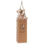 Wooden toy castle with a teddy bear and mouse on top, hanging from a rope. | Maileg UK