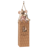 Wooden toy castle with a teddy bear and mouse on top, hanging from a rope. | Maileg UK