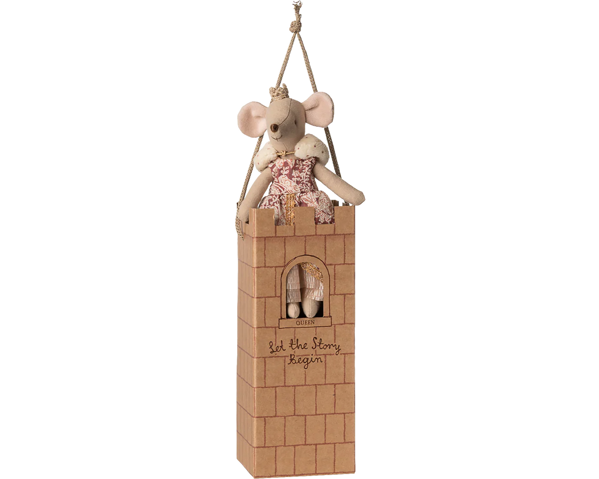 Wooden toy castle with a teddy bear and mouse on top, hanging from a rope. | Maileg UK