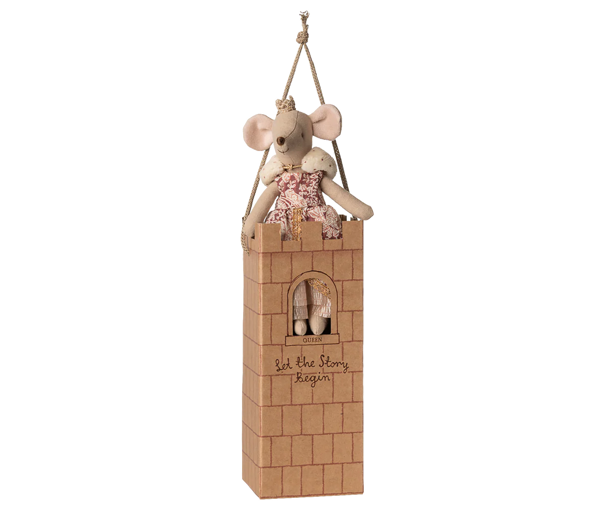 Wooden toy castle with a teddy bear and mouse on top, hanging from a rope. | Maileg UK