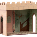 Wooden dollhouse with castle design featuring a staircase and chandelier. | Maileg UK