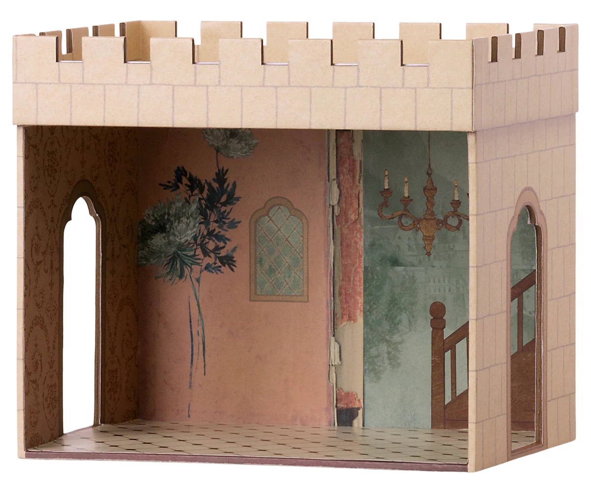 Wooden dollhouse with decorative interior walls and a chandelier. | Maileg UK
