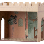 Wooden dollhouse with decorative interior walls and a chandelier. | Maileg UK