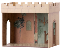 Wooden dollhouse with decorative interior walls and a chandelier. | Maileg UK