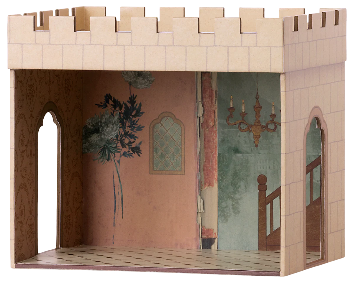 Wooden dollhouse with decorative interior walls and a chandelier. | Maileg UK