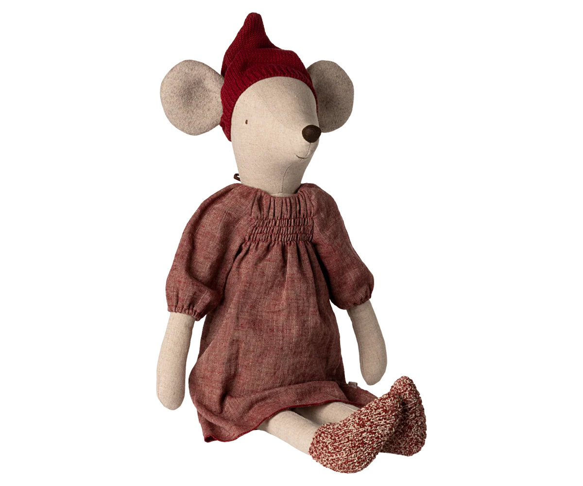 Stuffed mouse toy wearing a red dress and hat on a white background