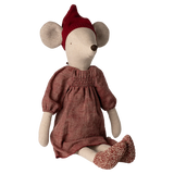 Stuffed mouse toy wearing a red dress and hat on a white background