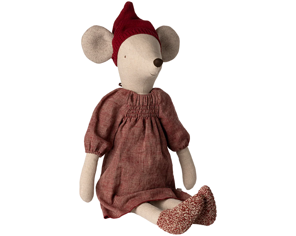 Stuffed mouse toy wearing a red dress and hat on a white background