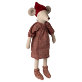 Stuffed mouse toy wearing a red dress and hat on a white background