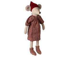 Stuffed mouse toy wearing a red dress and hat on a white background