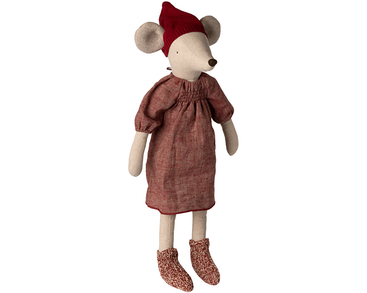 Stuffed mouse toy wearing a red dress and hat on a white background