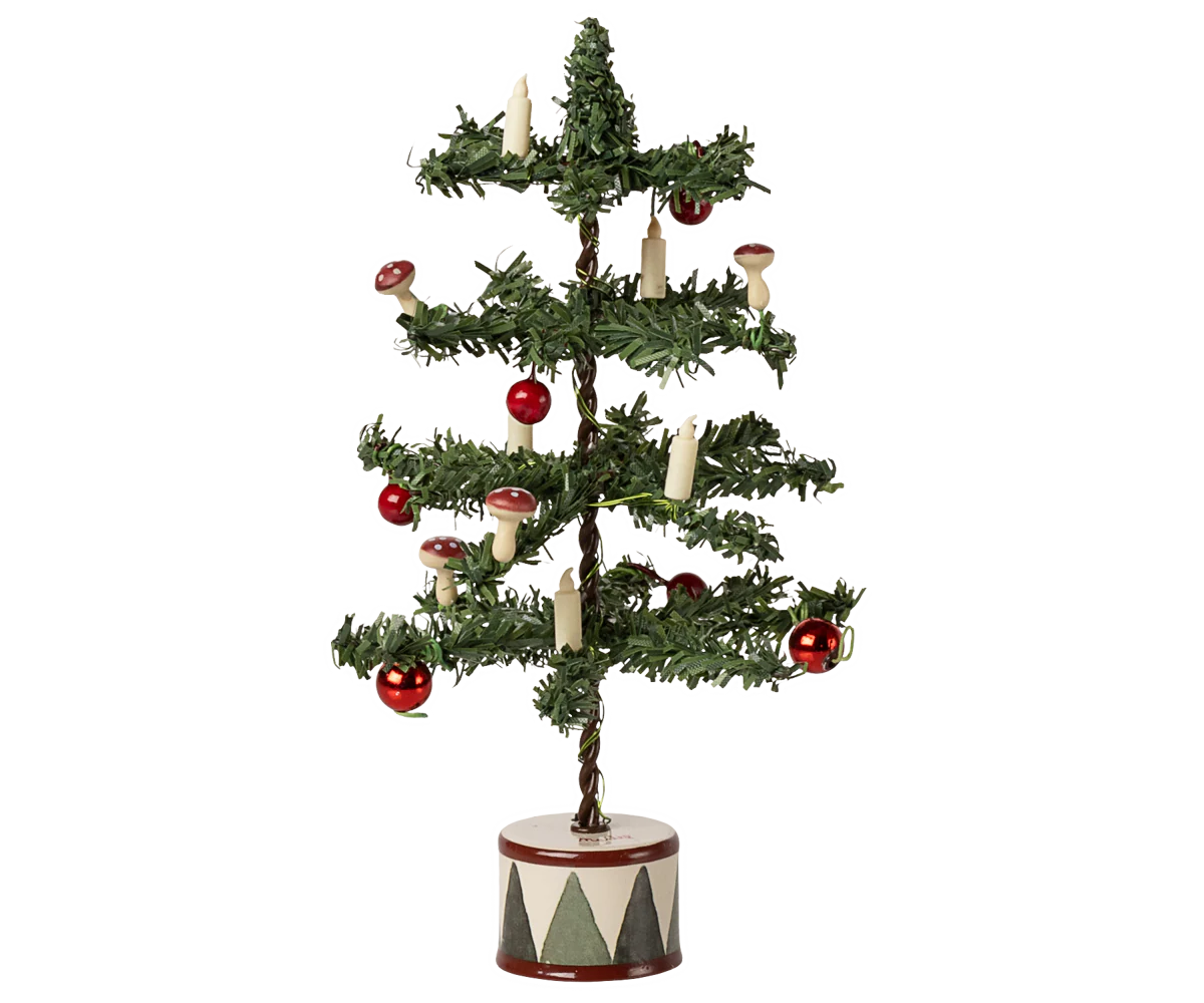 Decorative Christmas tree with red ornaments and candles on a white background | Maileg UK
