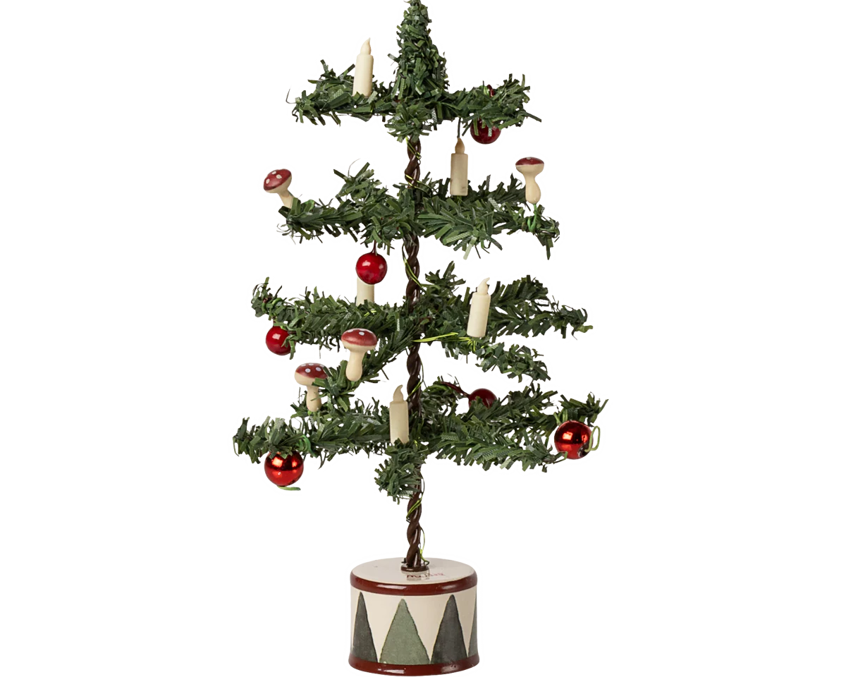 Decorative Christmas tree with red ornaments and candles on a white background | Maileg UK