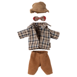 Set of plaid jacket, brown pants, checkered hat, and red bow tie on a white background | Maileg UK