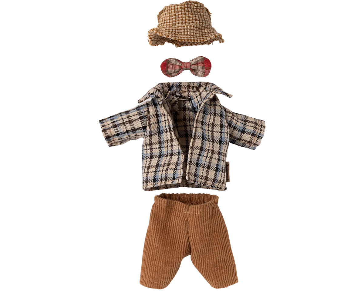 Set of plaid jacket, brown pants, checkered hat, and red bow tie on a white background | Maileg UK