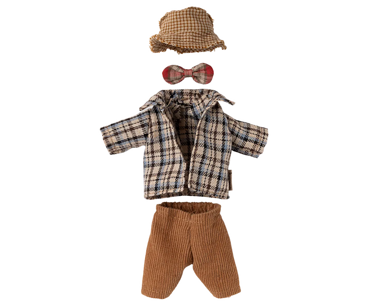 Set of plaid jacket, brown pants, checkered hat, and red bow tie on a white background | Maileg UK