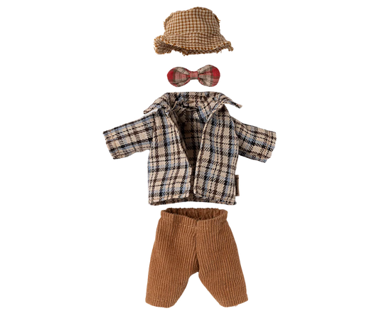 Set of plaid jacket, brown pants, checkered hat, and red bow tie on a white background | Maileg UK