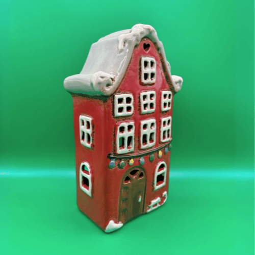 Dutch Style Ceramic Christmas House with snow on the roof, christmas lights | Christmas Decor