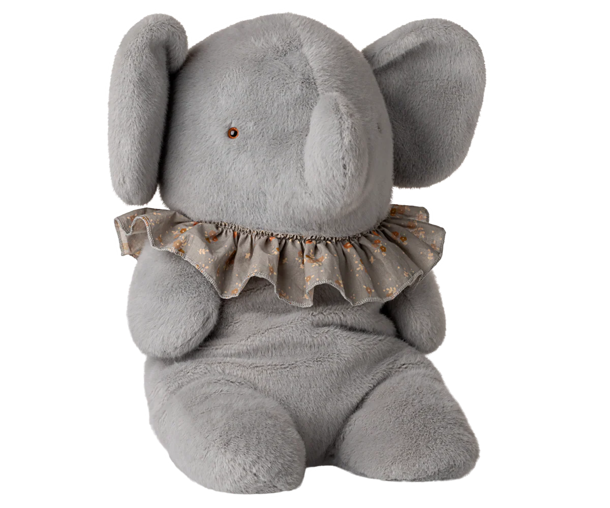 Gray plush elephant toy with a ruffled collar on a white background | Maileg UK
