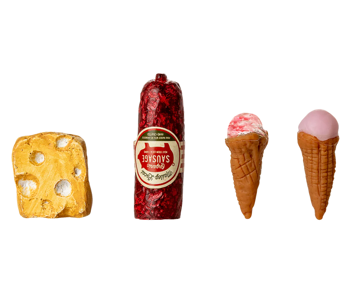 Assorted novelty items including a yellow cheese block, red sausage, and two ice cream cones on a white background. | Maileg UK