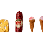 Assorted novelty items including a yellow cheese block, red sausage, and two ice cream cones on a white background. | Maileg UK
