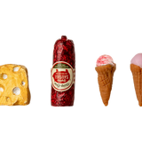 Assorted novelty items including a yellow cheese block, red sausage, and two ice cream cones on a white background. | Maileg UK