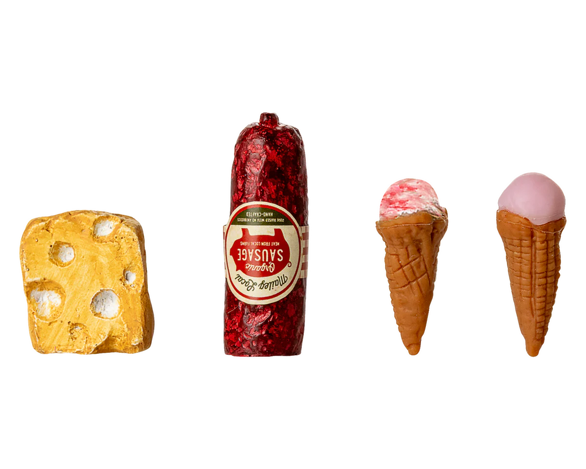 Assorted novelty items including a yellow cheese block, red sausage, and two ice cream cones on a white background. | Maileg UK