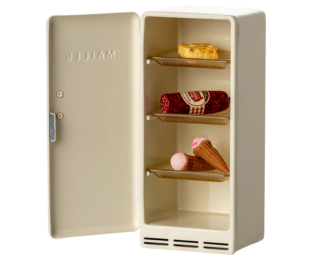 Beige refrigerator with ice cream cones and a cake on a white background | Maileg UK