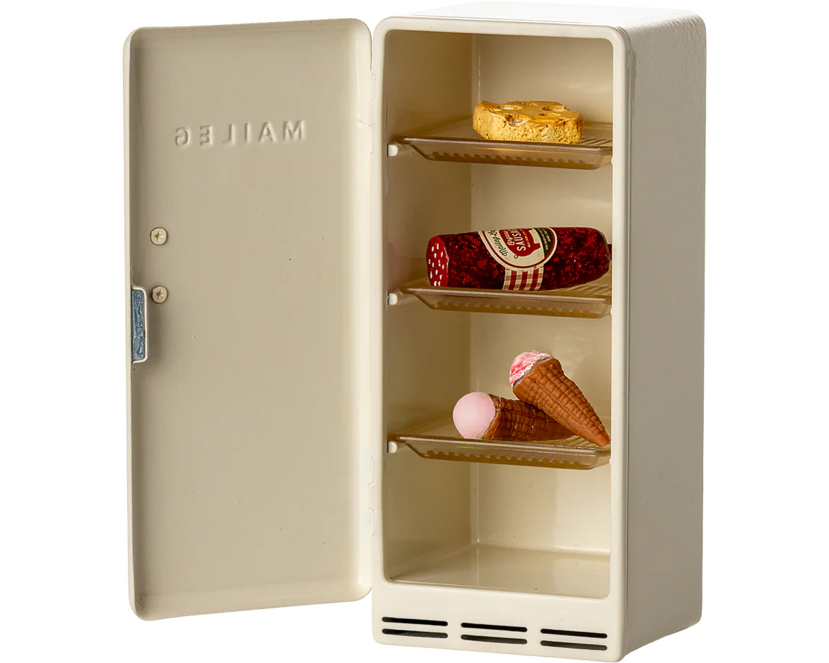 Beige refrigerator with ice cream cones and a cake on a white background | Maileg UK