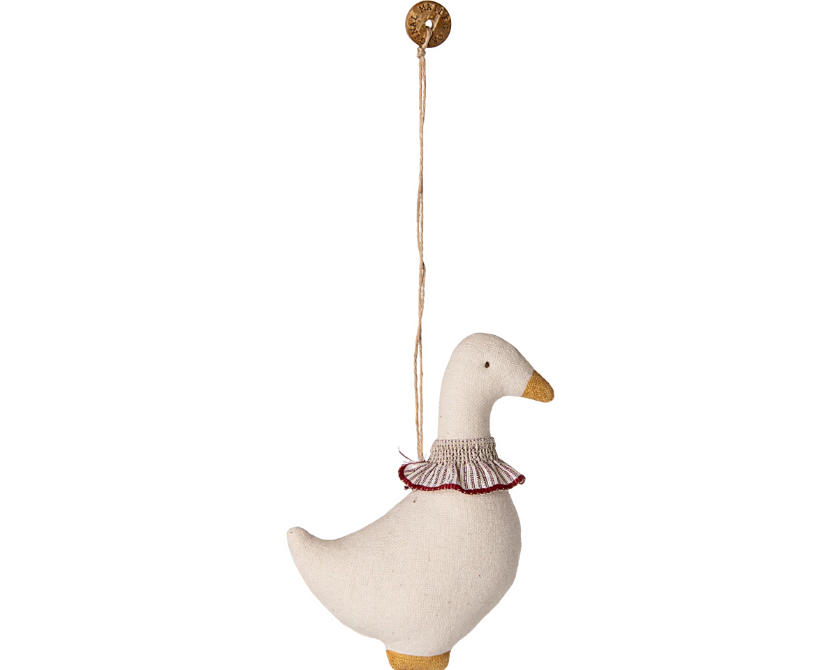 Decorative goose ornament with a red collar on a white background | Christmas Maileg UK