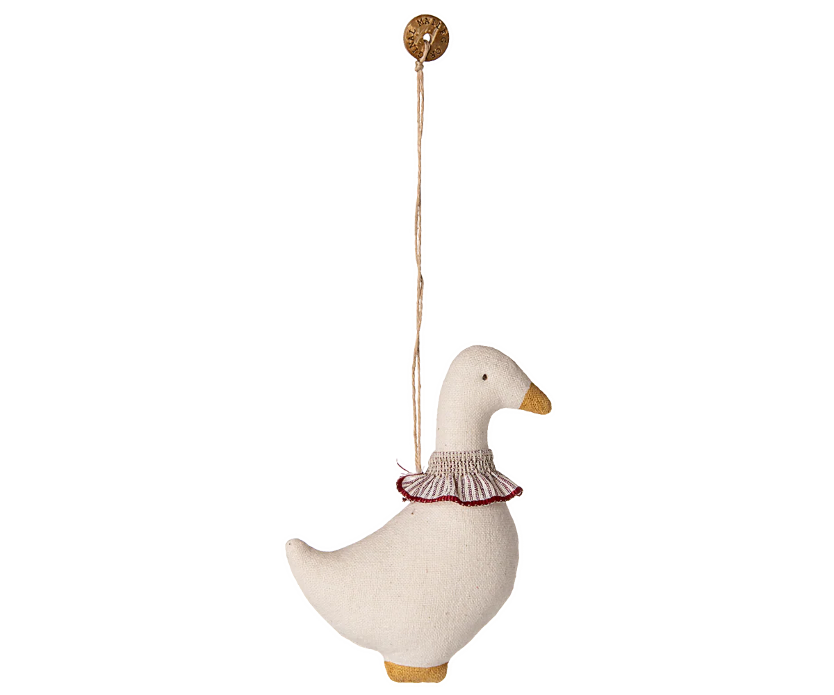 Decorative goose ornament with a red collar on a white background | Christmas Maileg UK