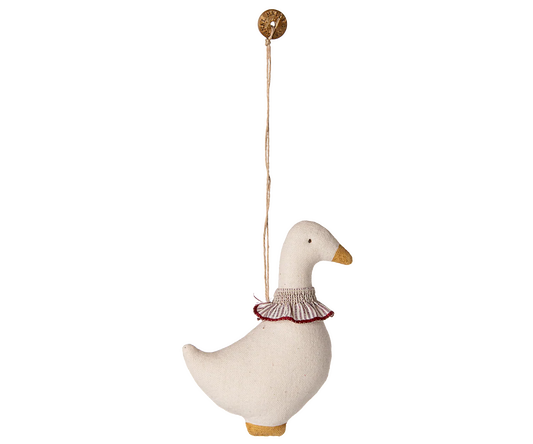 Decorative goose ornament with a red collar on a white background | Christmas Maileg UK