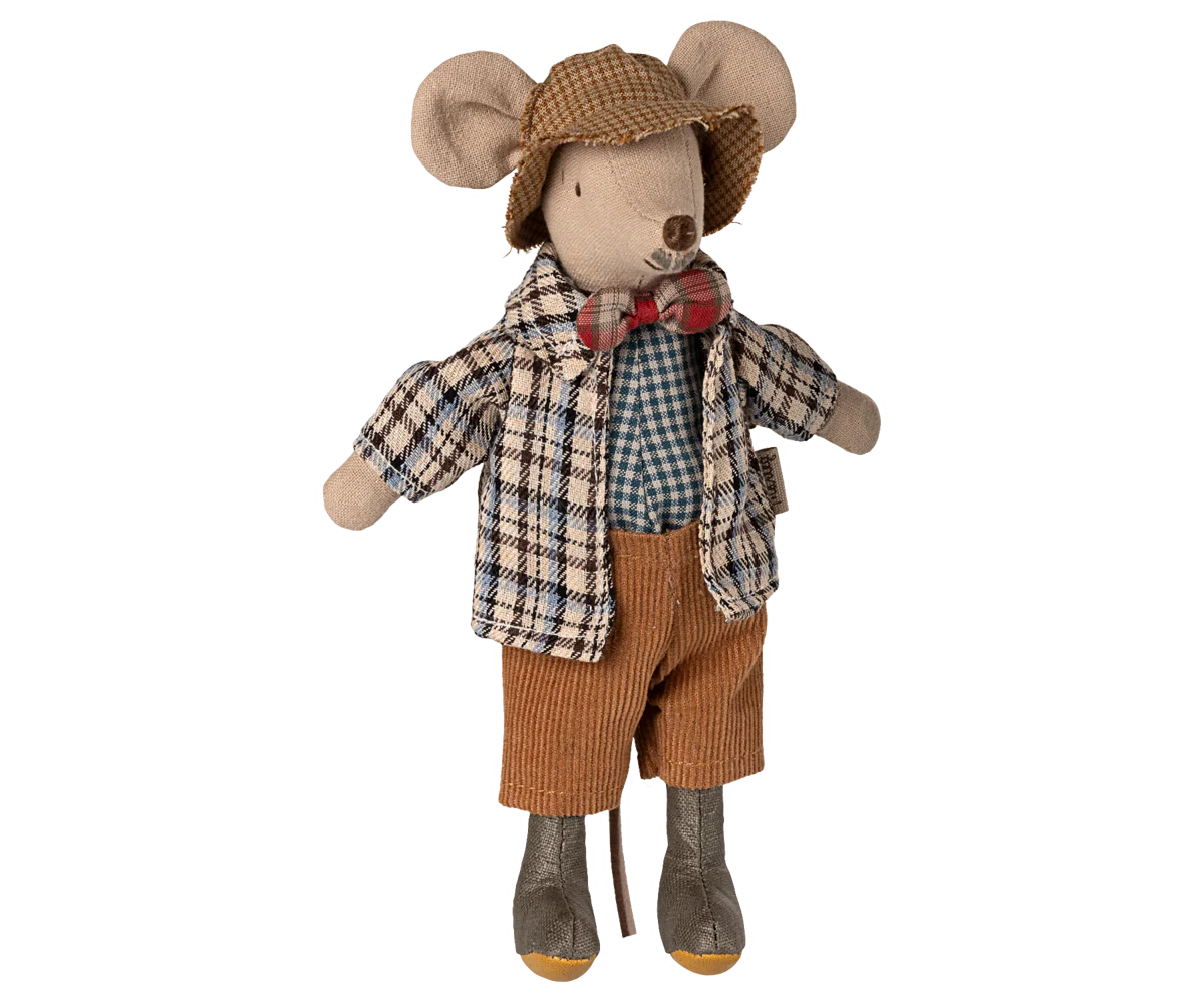 Stuffed mouse toy dressed in a plaid shirt, bow tie, and brown pants on a white background | Maileg UK