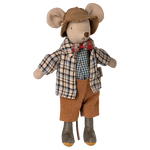 Stuffed mouse toy dressed in a plaid shirt, bow tie, and brown pants on a white background | Maileg UK