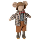 Stuffed mouse toy dressed in a plaid shirt, bow tie, and brown pants on a white background | Maileg UK