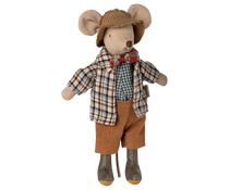 Stuffed mouse toy dressed in a plaid shirt, bow tie, and brown pants on a white background | Maileg UK