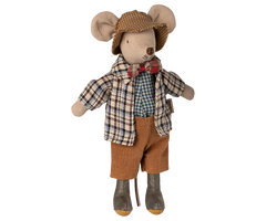 Stuffed mouse toy dressed in a plaid shirt, bow tie, and brown pants on a white background | Maileg UK